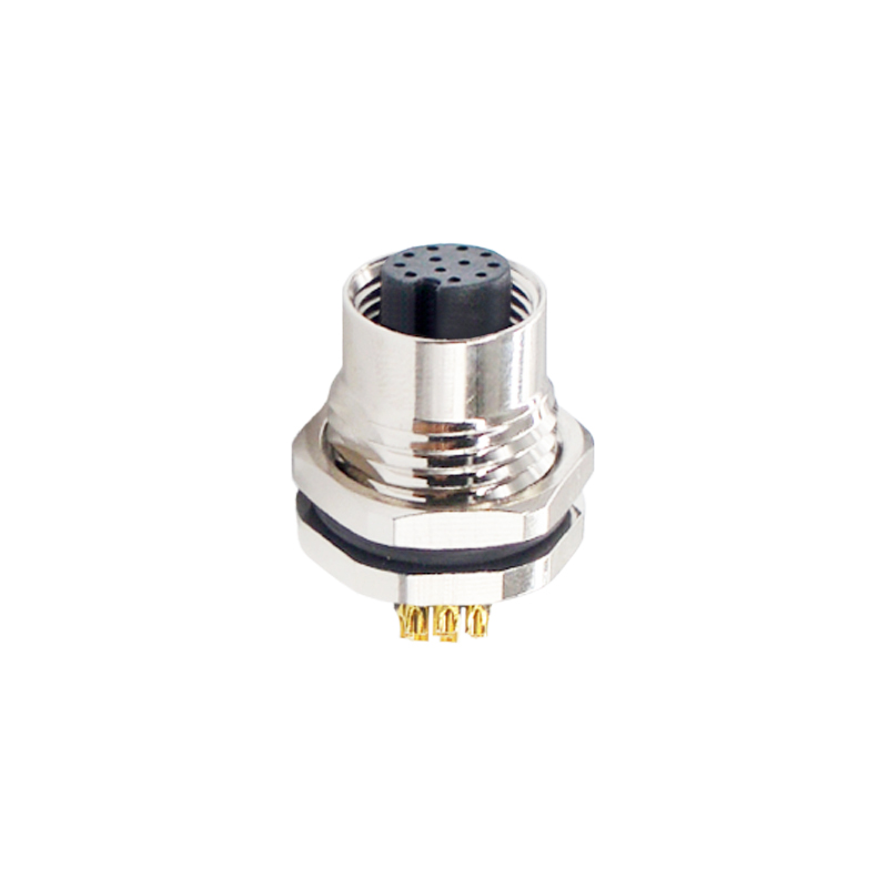 M12 12pins A code female straight front panel mount connector M16 thread,unshielded,solder,brass with nickel plated shell